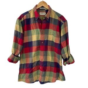 Orvis Colorful Plaid Check Flannel Shirt Large Fisherman Lumberjack 100% Cotton